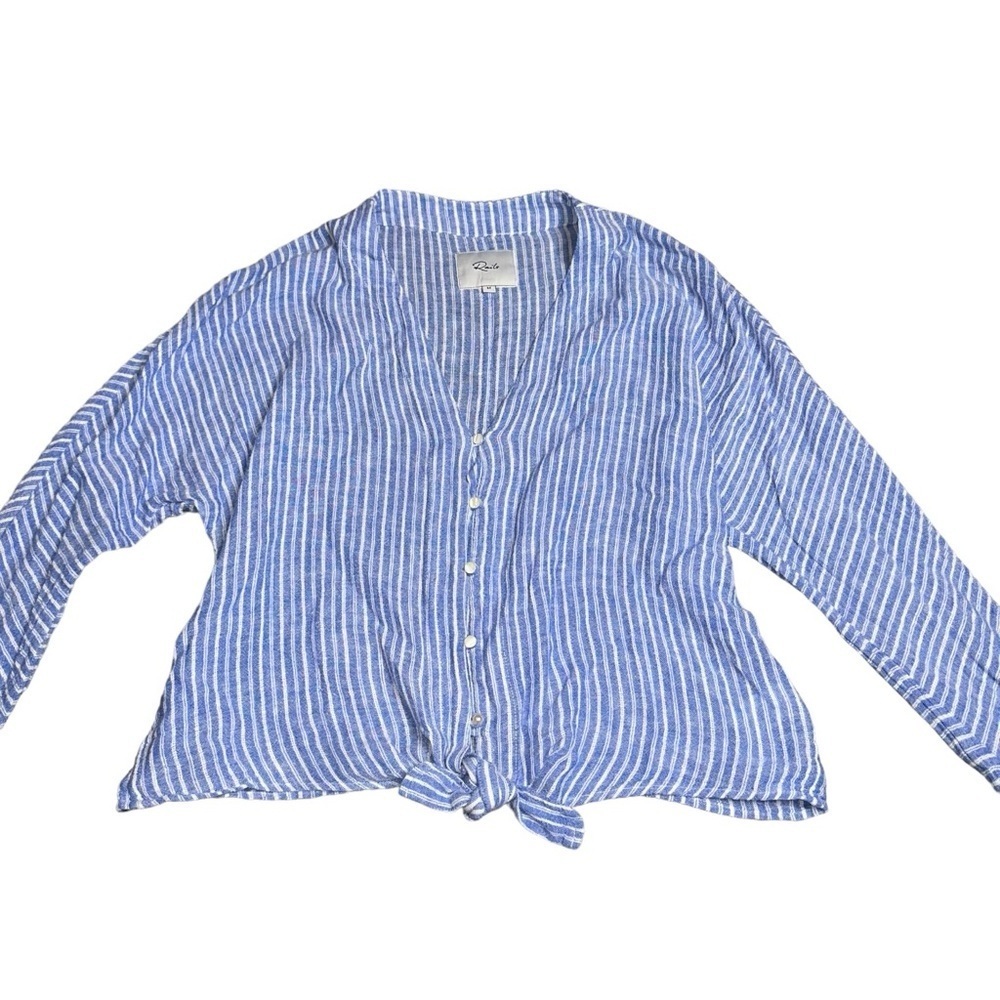 Rails Sloane Linen Blend Top Medium Blue Button Up Striped Front Tie Blouse - Picture 3 of 12